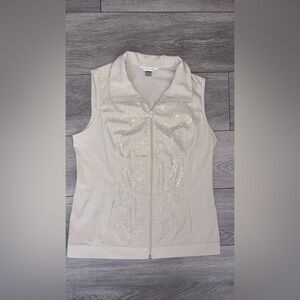 Christopher & Banks Medium Cream Vest Metallic Animal Print Accents Pockets EUC